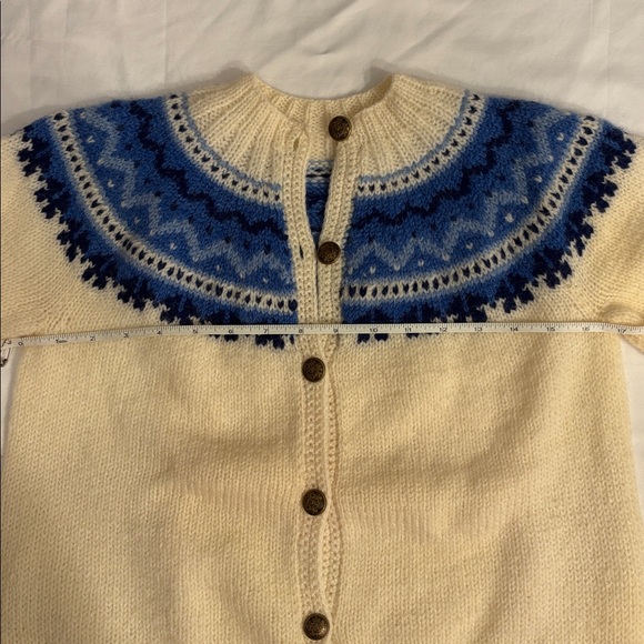 Handknit One of a Kind Handmade Cream + Blue Fair Isle Norwegian Style Cardigan - Picture 12 of 16